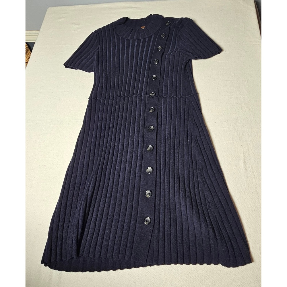 Free People Navy Blue Ribbed Knit Asymmetrical Button Front Sweater Dress Large